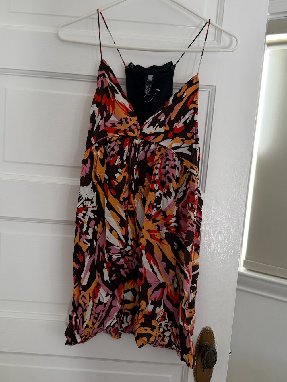 Insight Abstract-Print Spaghetti Strap Mini Dress in Black, Pink and Orange
